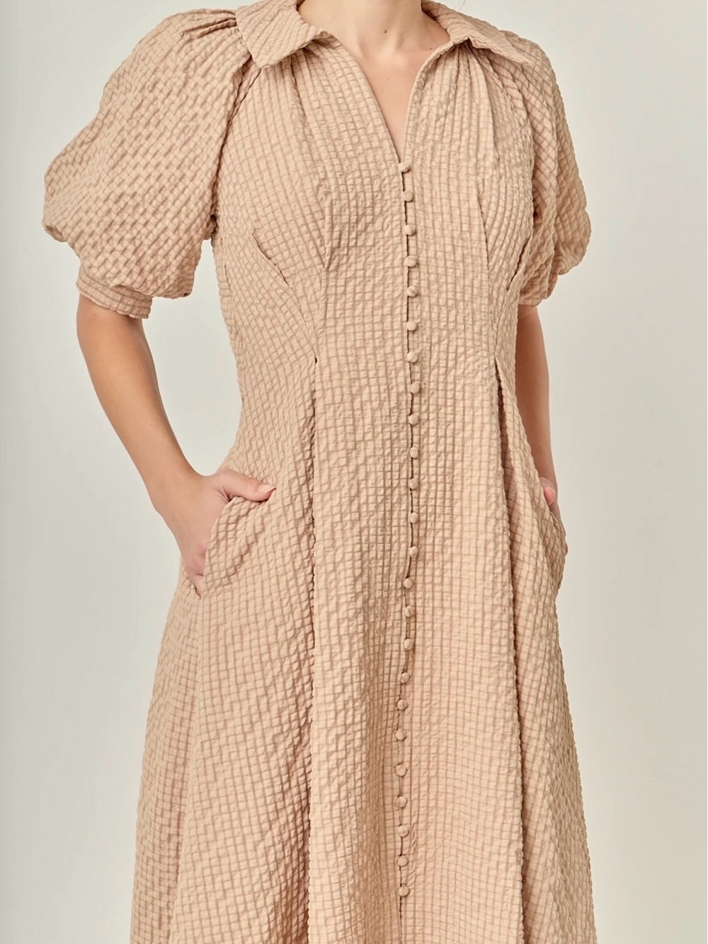English Factory Beige Taupe Textured Puff-Sleeve Midi Dress
